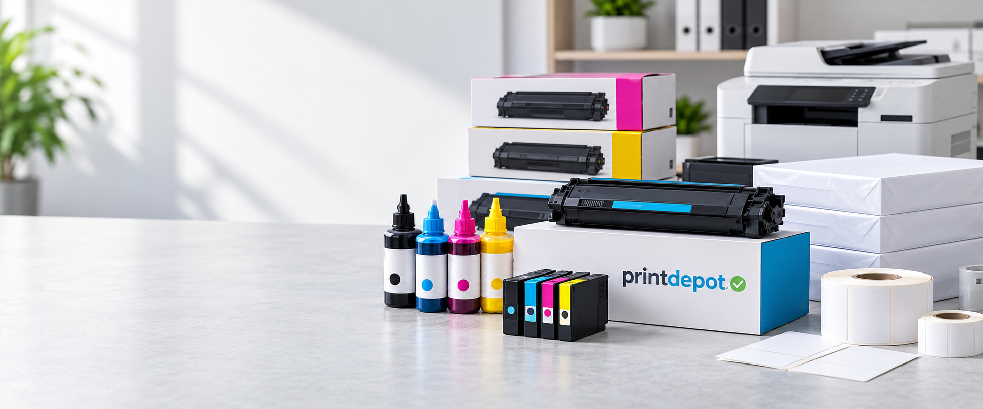 PrintDepot toner cartridges, ink bottles, boxed cartridges, labels, and paper stock